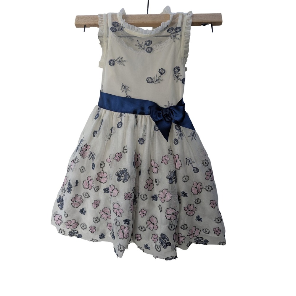 Zunie Floral Embroidered Mesh Dress Girls 4‎ Ivory Navy Pink Excellent Party